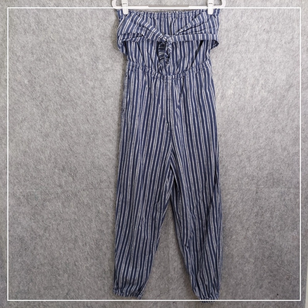 aerie Blue and White Striped Strapless Jumpsuit